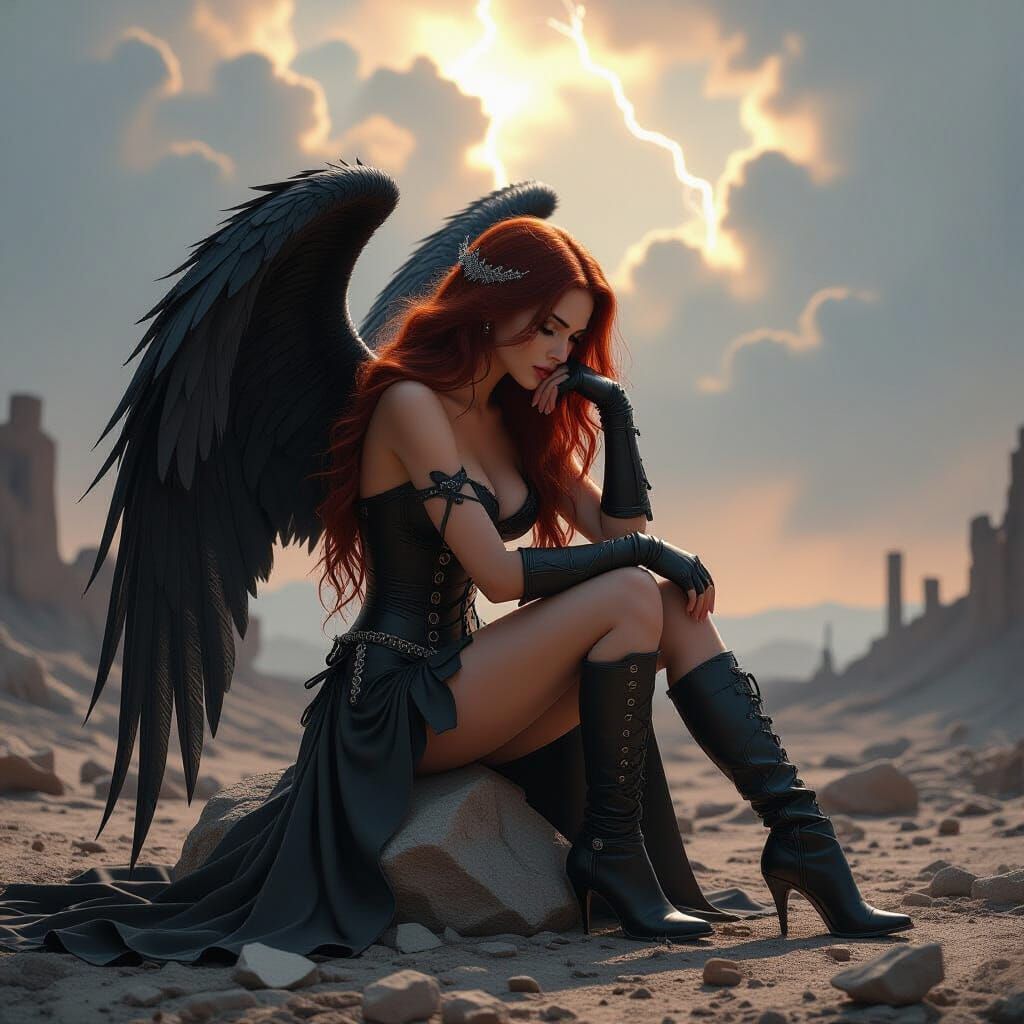 Fallen Angel in War-Torn Landscape: Gothic Fantasy Art
