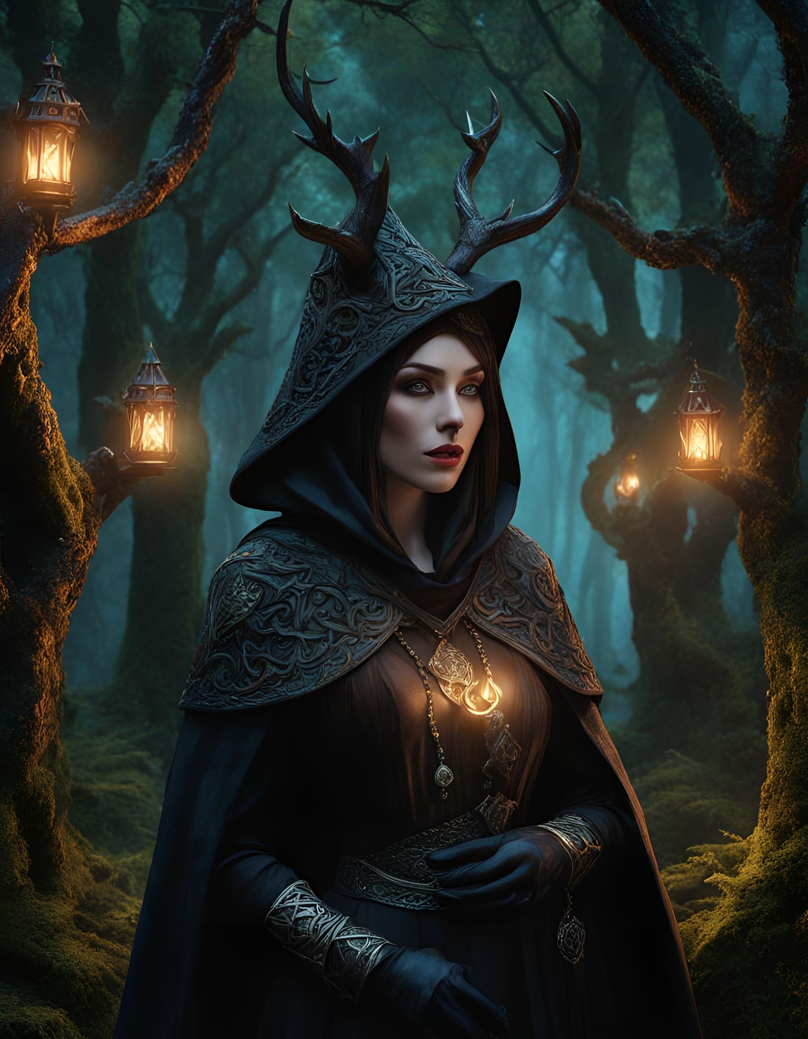 Sorcerer in Dark Fairytale Forest: 3D Render