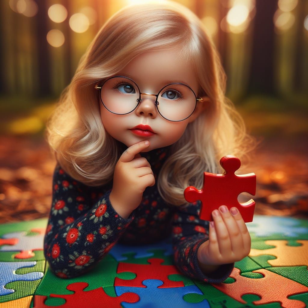 Girl in Forest Contemplates Jigsaw Puzzle