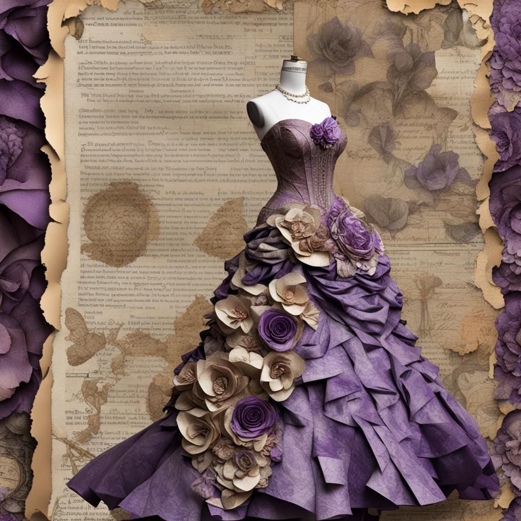 Fine Art Paper Collage Couture Ball Gown on Display Mannequi...