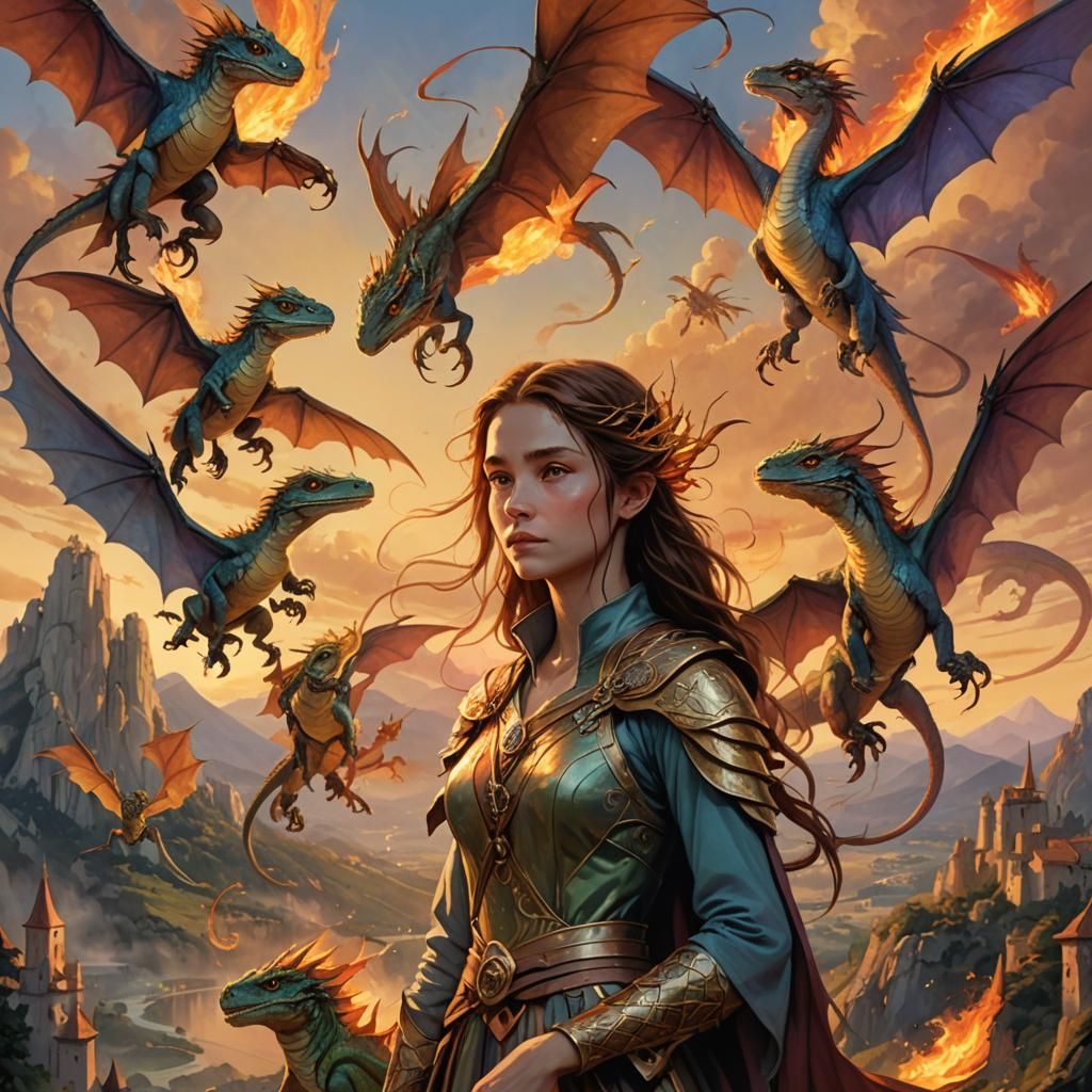 Dragon Harper Menolly with Her Majestic Fire Lizards in Suns...