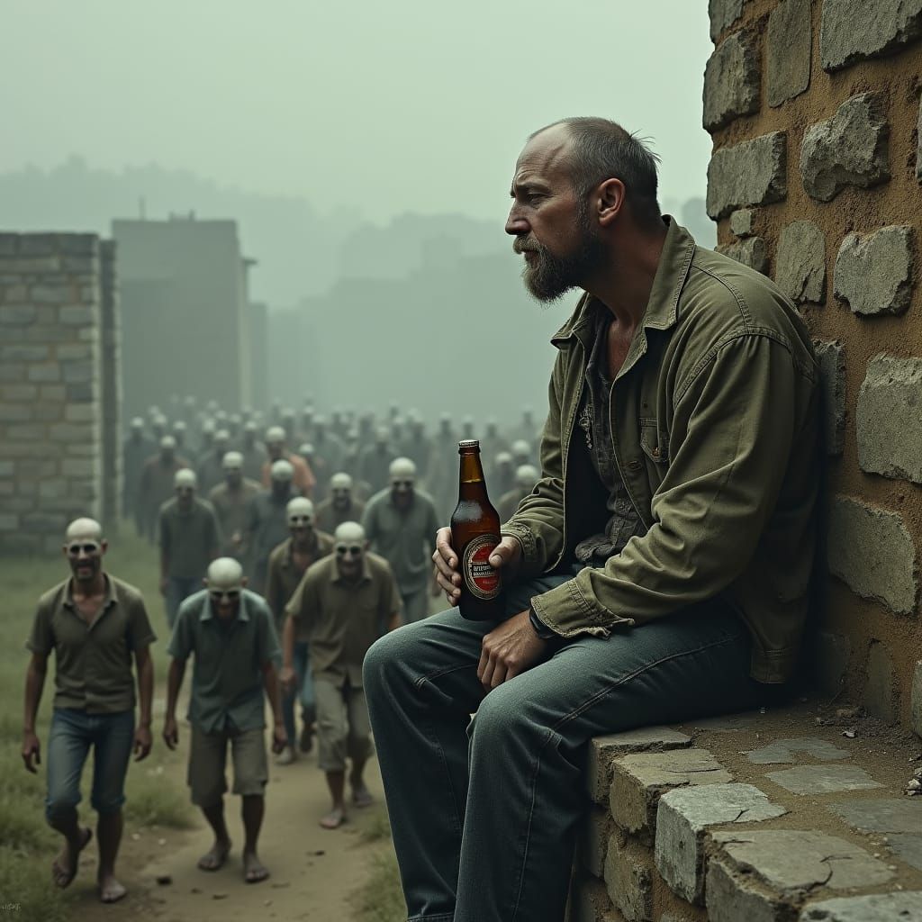 Post-Apocalyptic Survivor with Beer in Dystopian Landscape