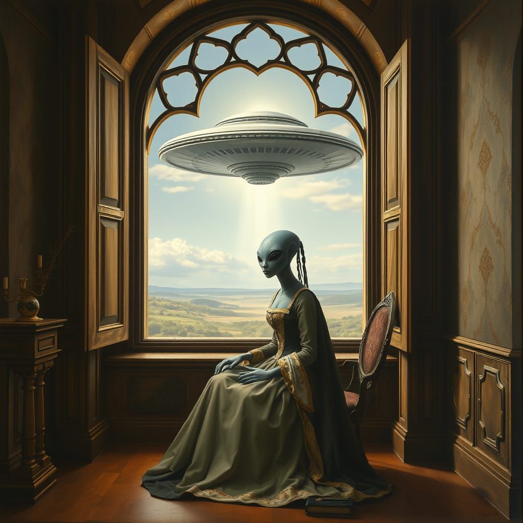Virgin Alien in Renaissance Castle Room