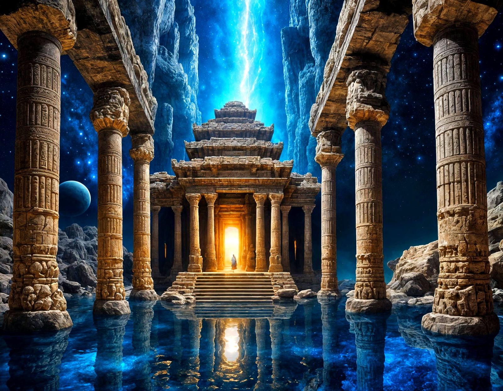Ancient Temple Rises from Glowing Waters in Cosmic Dreamscap...