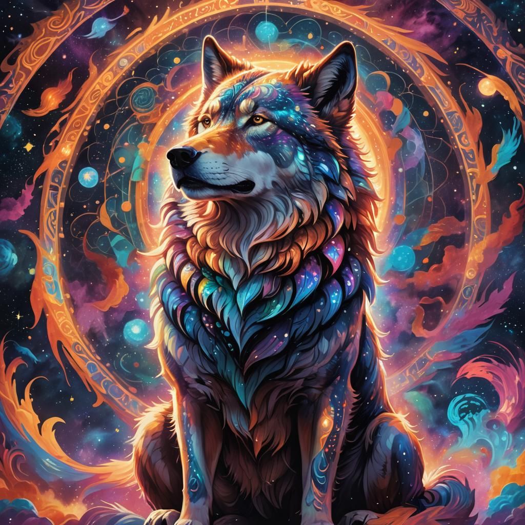 Astral Wolf King in Cosmic Holographic Illustration