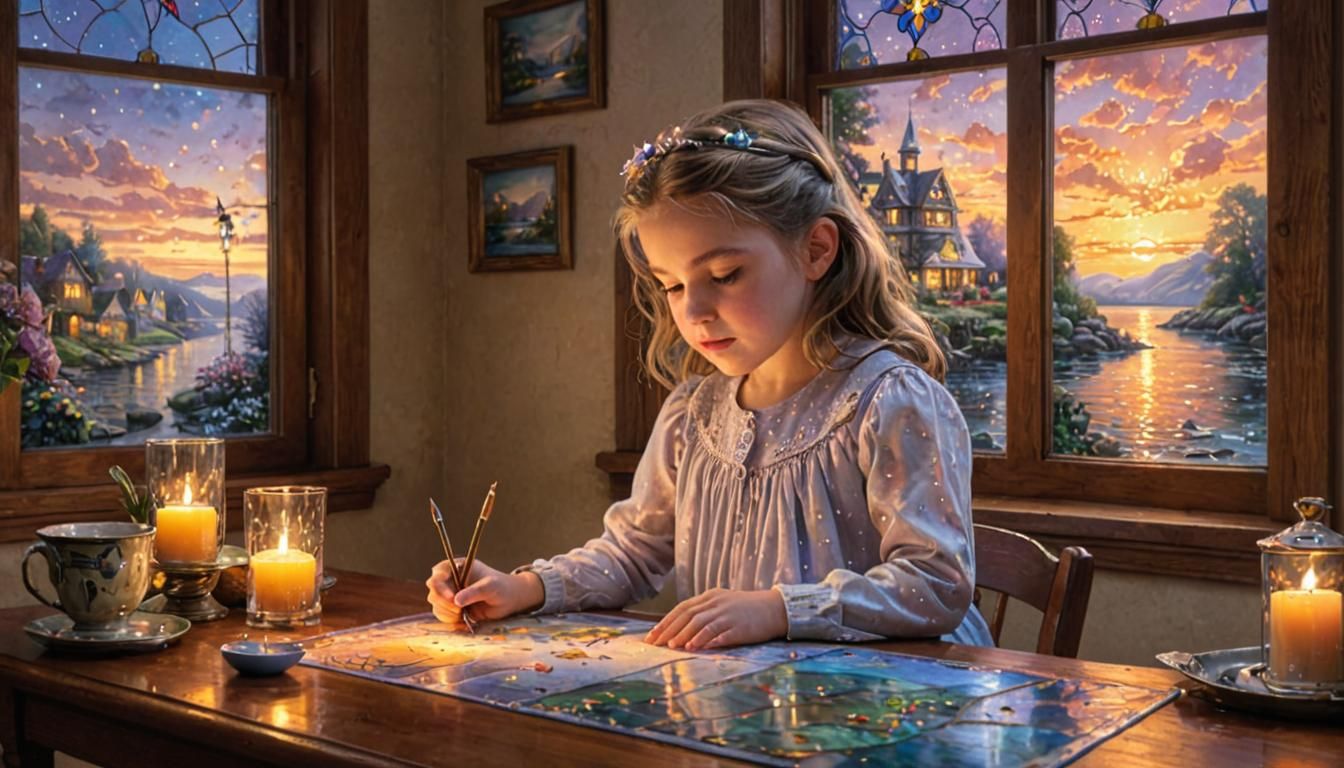 Girl Designs Stained Glass Window, Hyperdetailed Ethereal Ar...