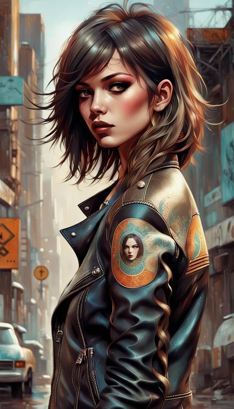 Seventies Woman with Leather Jacket, Digital Art