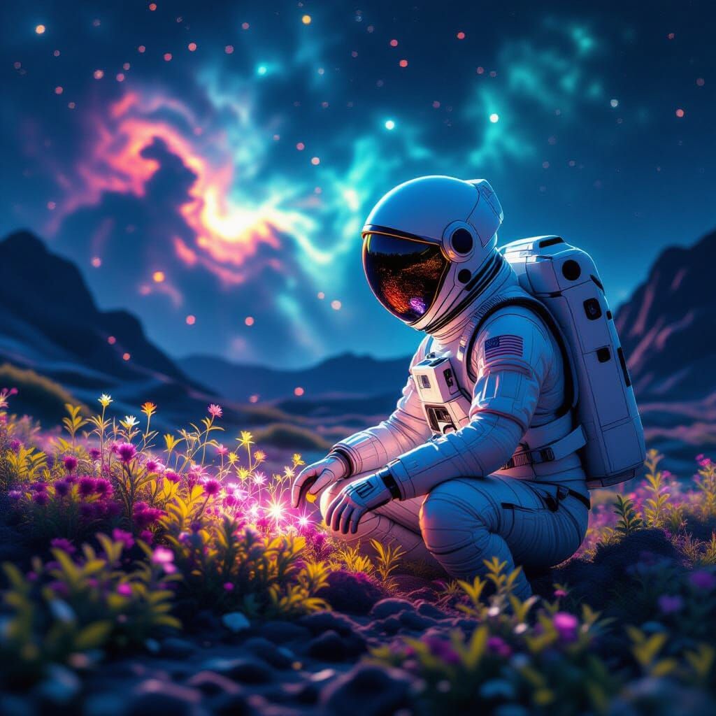 Astronaut Tends Bioluminescent Garden on Alien Exoplanet