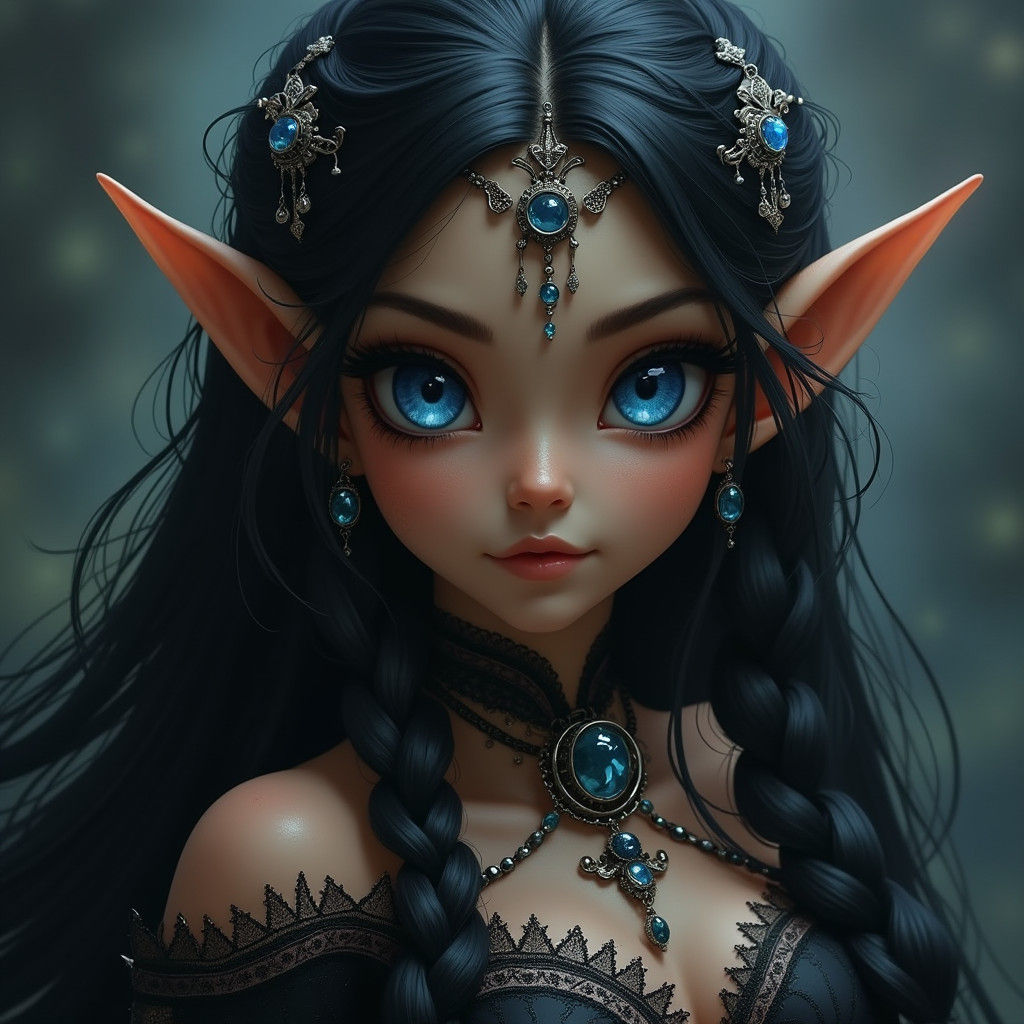 Gothic Elf Maiden with Raven Hair in Matte Painting Style