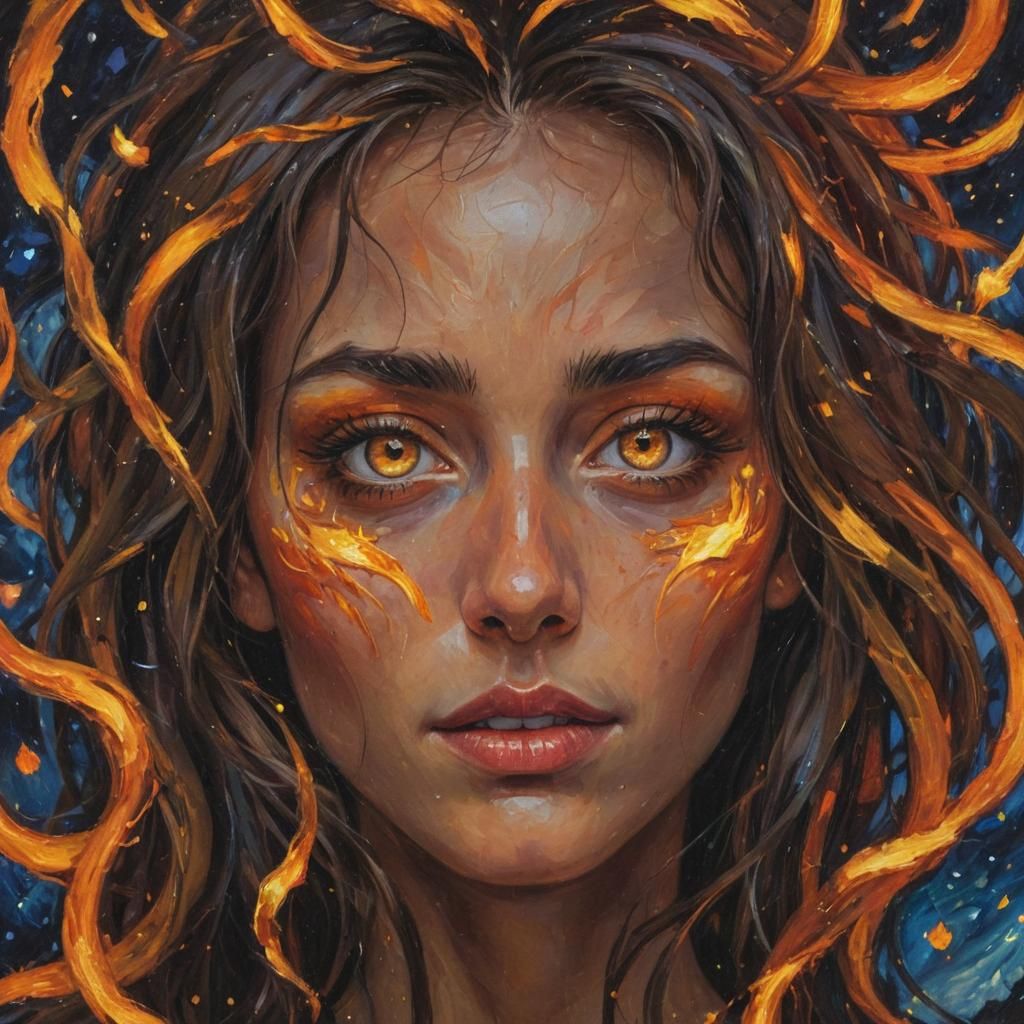 Expressionist Portrait: Person Ablaze in Starry Night