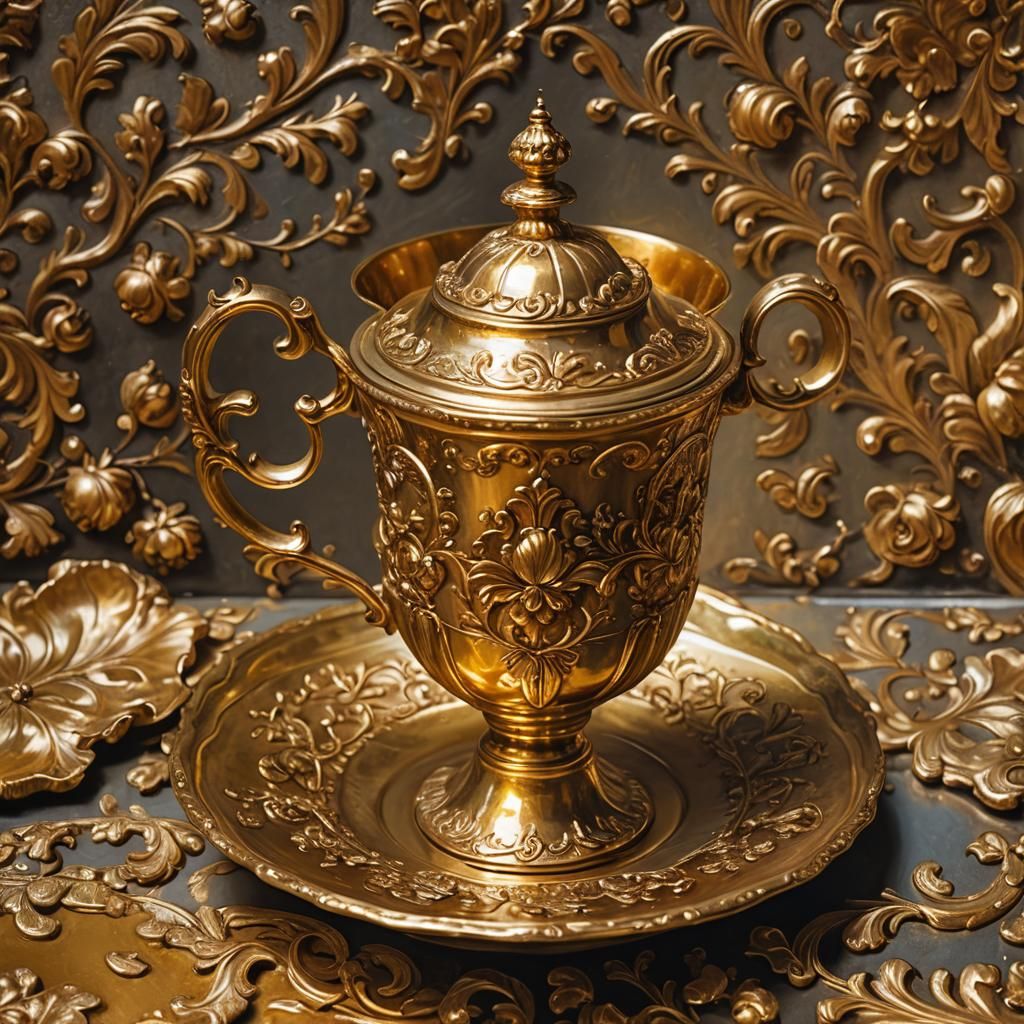 Golden Coffee Cup Still Life as Baroque Oil Painting