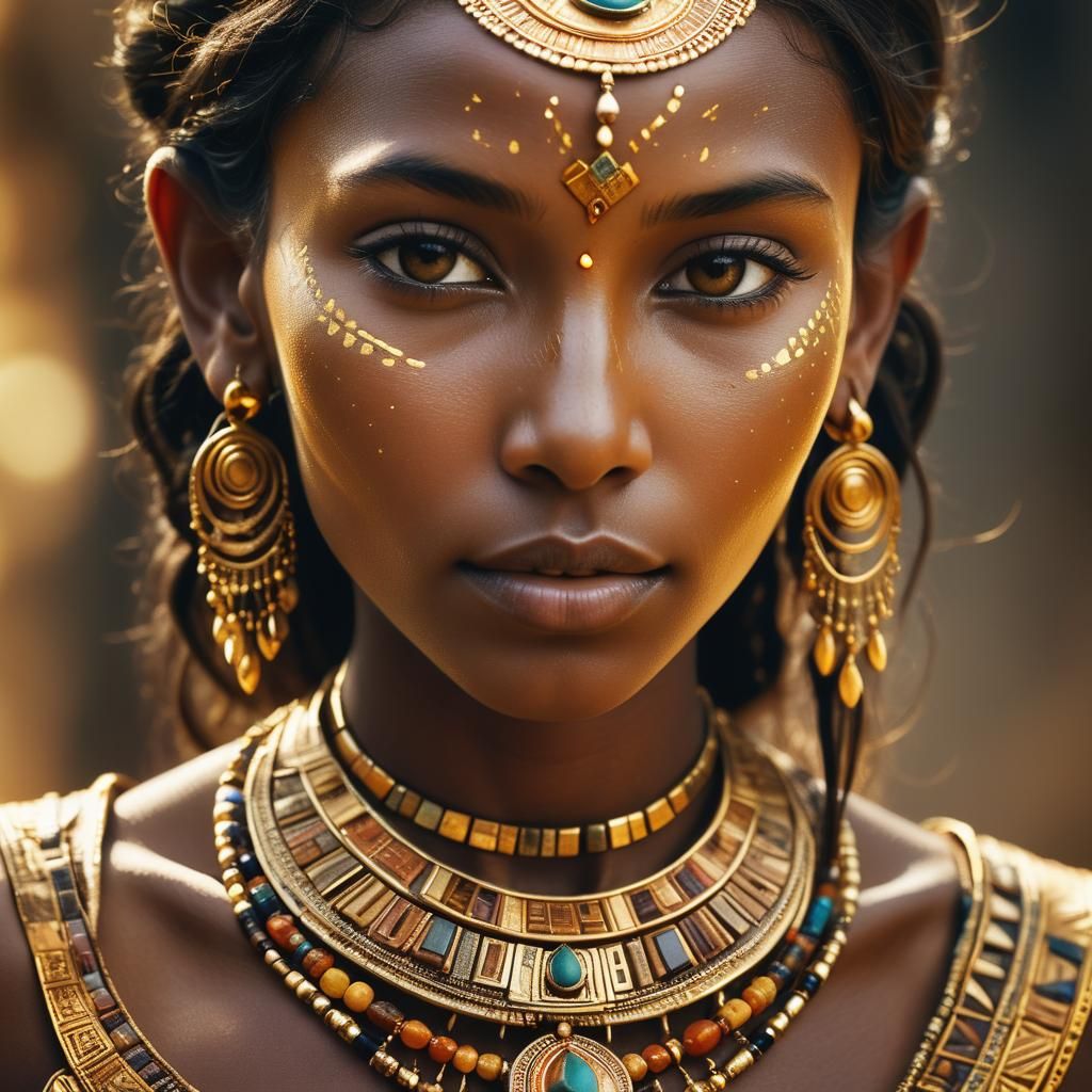 Radiant Brown-Skinned Goddess Portrait in Digital Art Style