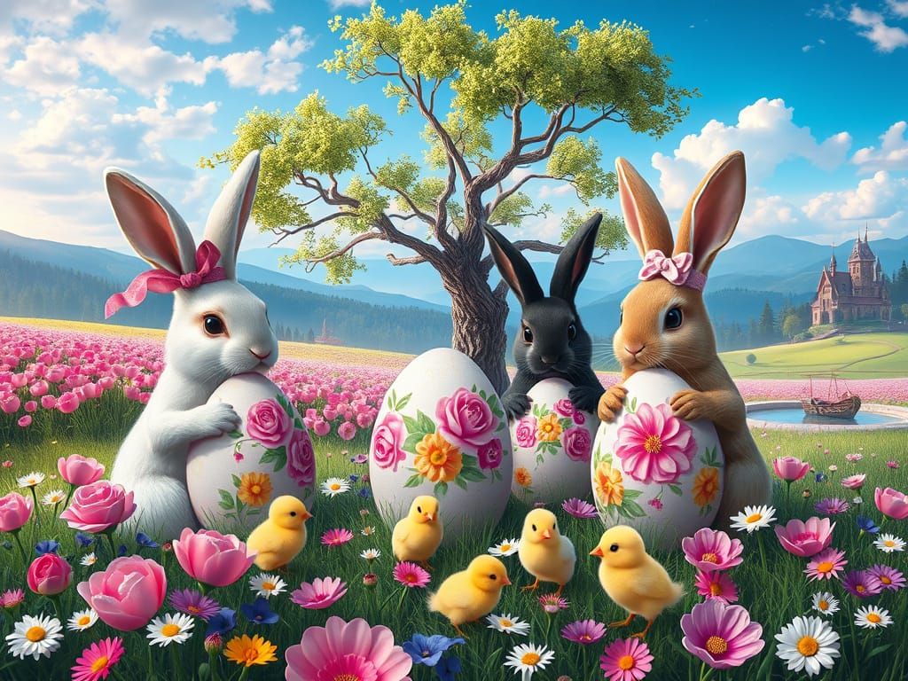 Easter Bunnies Painting Eggs in Neon Retro Style