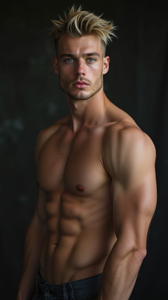 Hyper-Realistic Portrait of a Handsome Shirtless Male Model