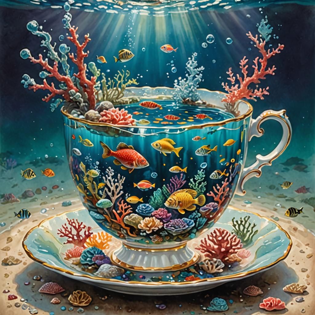 Underwater World in Teacup as Watercolor Painting