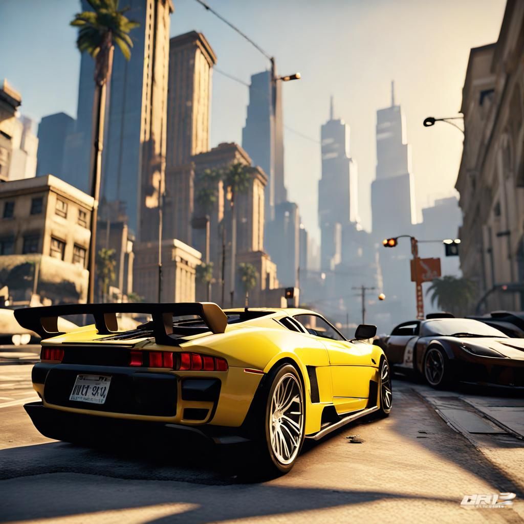 Grand Theft Auto Style Cityscape with Sports Car