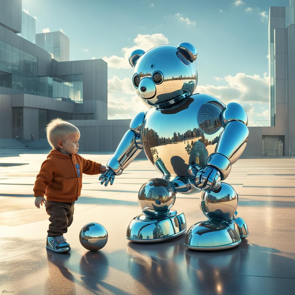 Toddler and Futuristic Teddy Play Ball in Chromepunk Style