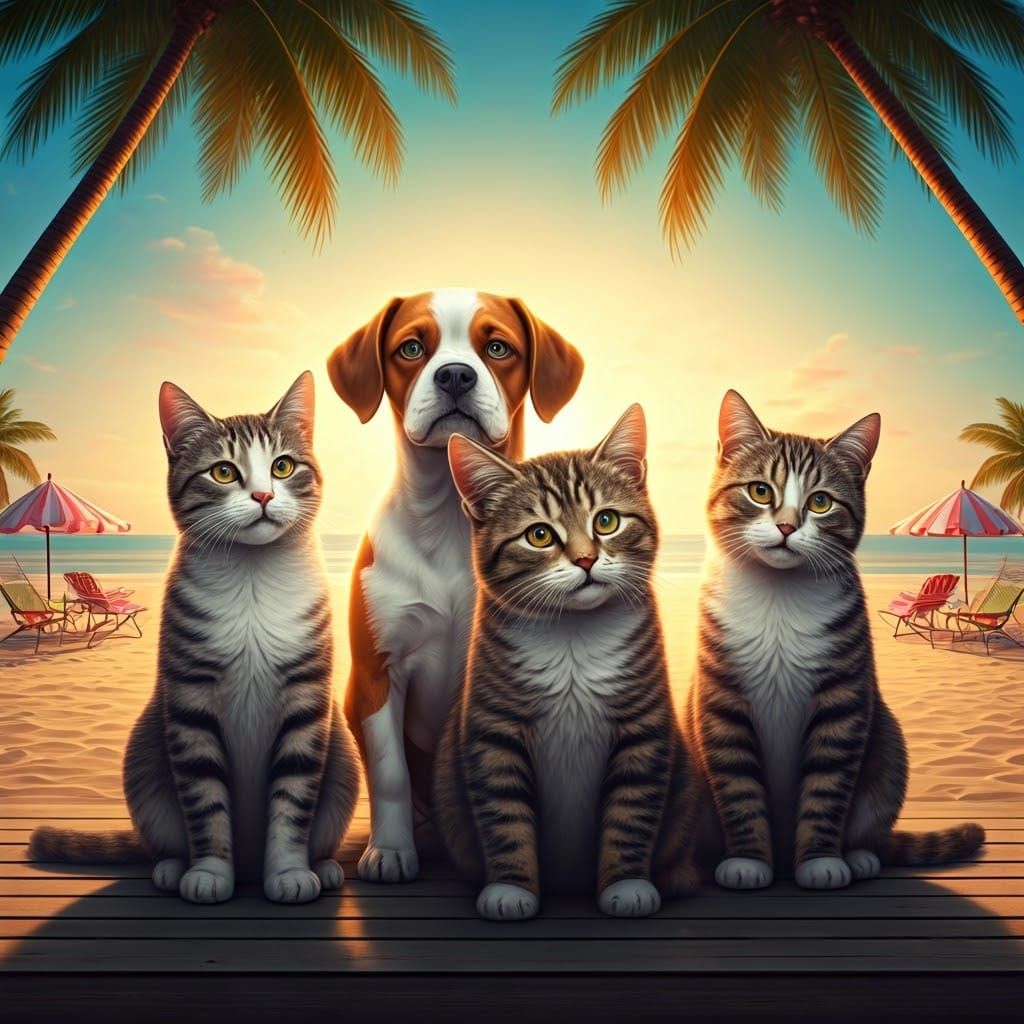 90s Romantic Beach Movie Poster Featuring Lovable Pets