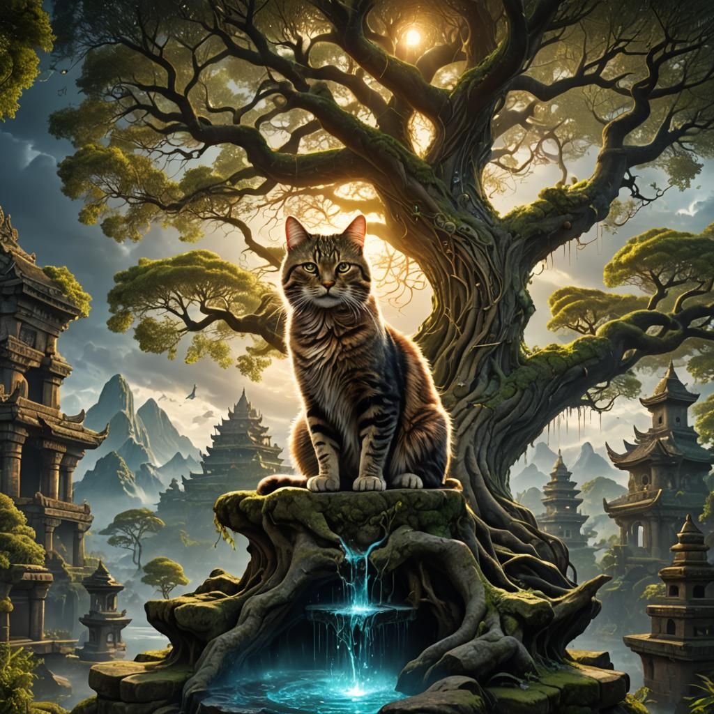 Cat Goddess in Tree Temple: Digital Matte Painting