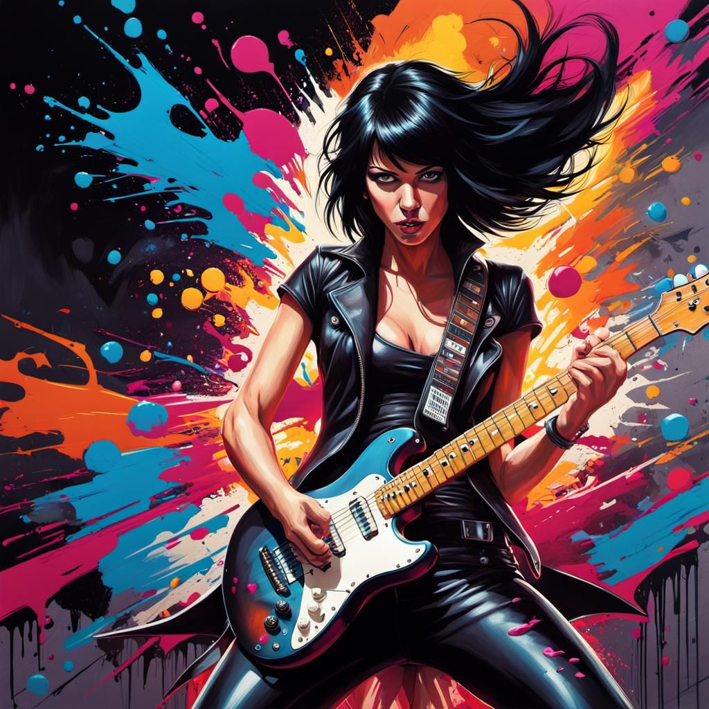 Electric Guitar Graffiti Art of Rock and Roll Woman