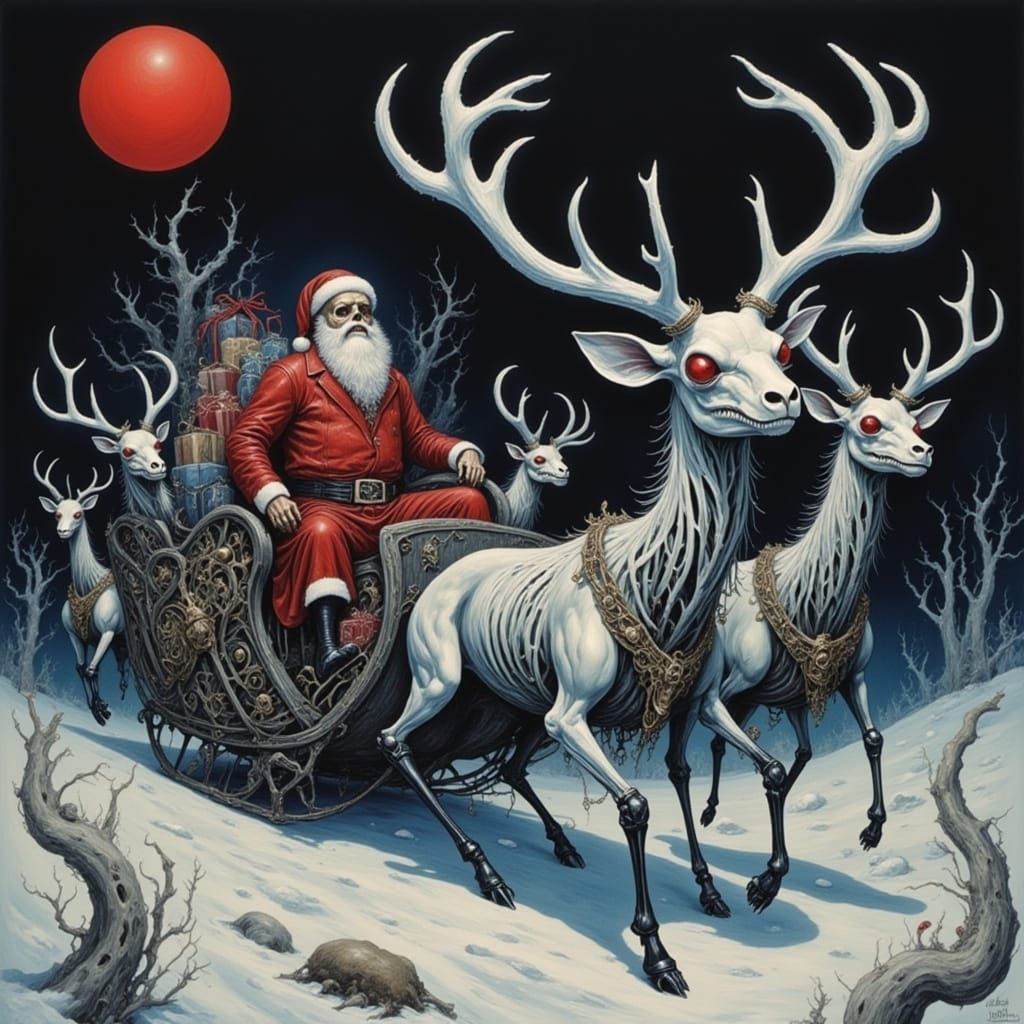 Zombie Santa and Monstrous Reindeer in Dark Fantasy Style