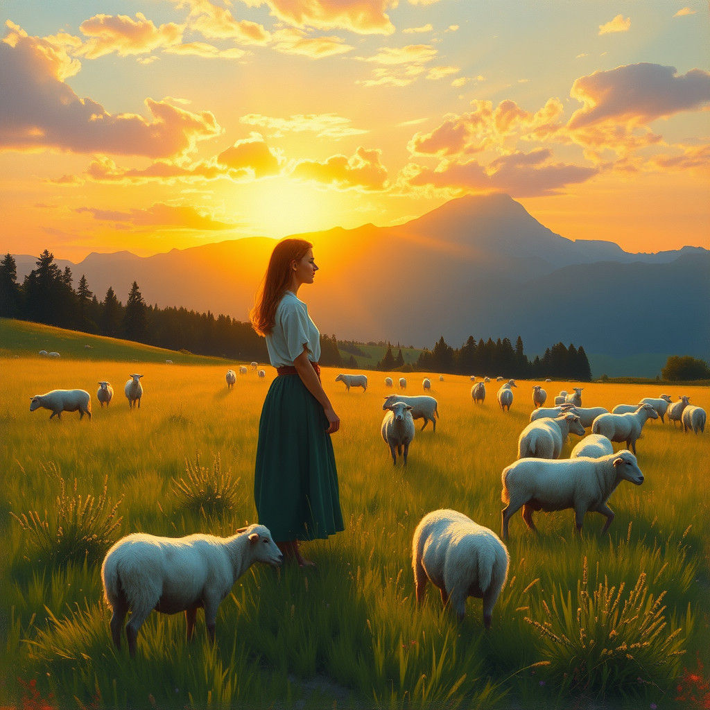 Serene Shepherdess in Meadow at Sunset: Atmospheric Landscap...