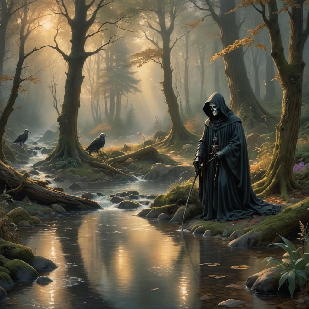 Grim Reaper's Woodland Rest: Ethereal Fantasy Scene