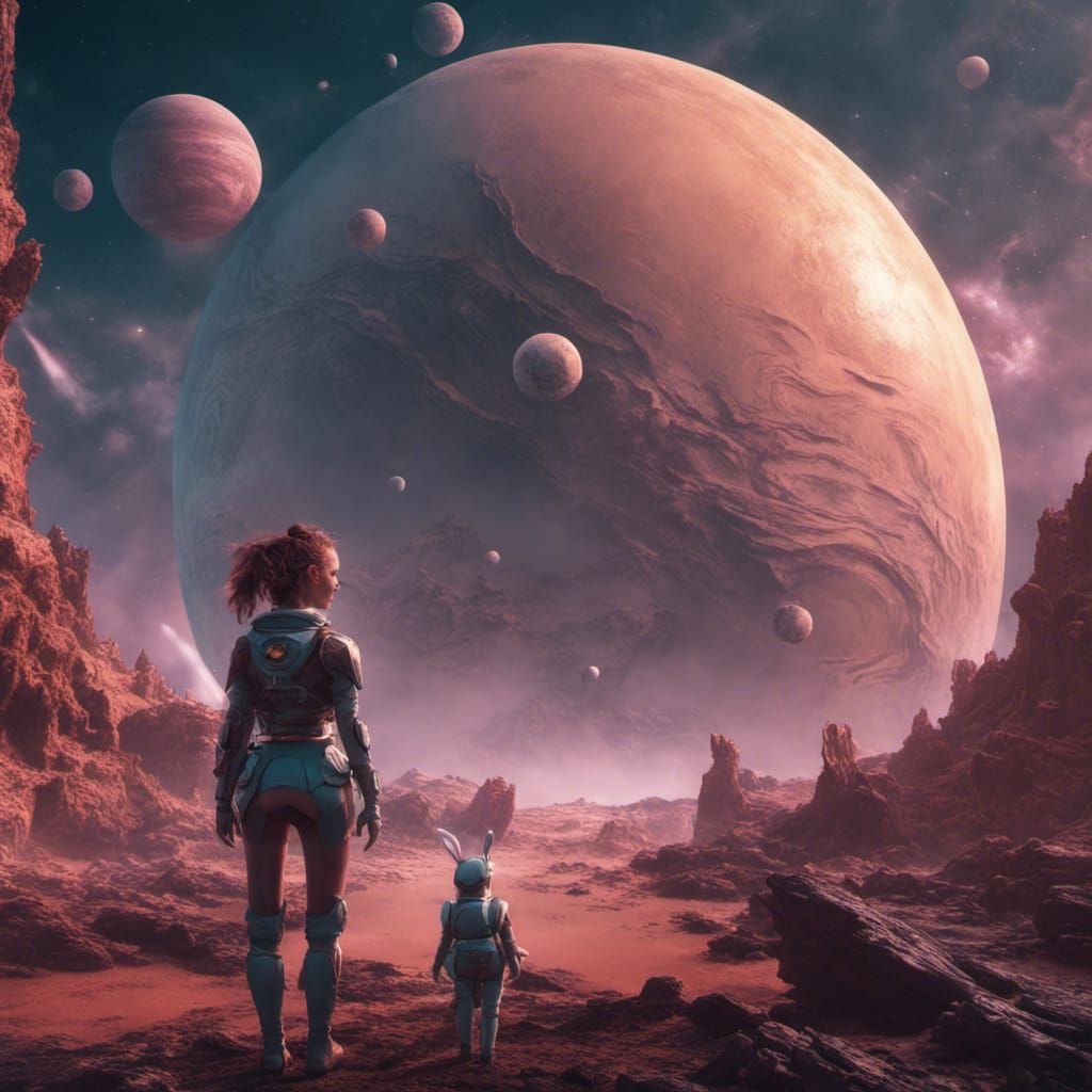 Girl and Rabbit on Uranus: Detailed Matte Painting