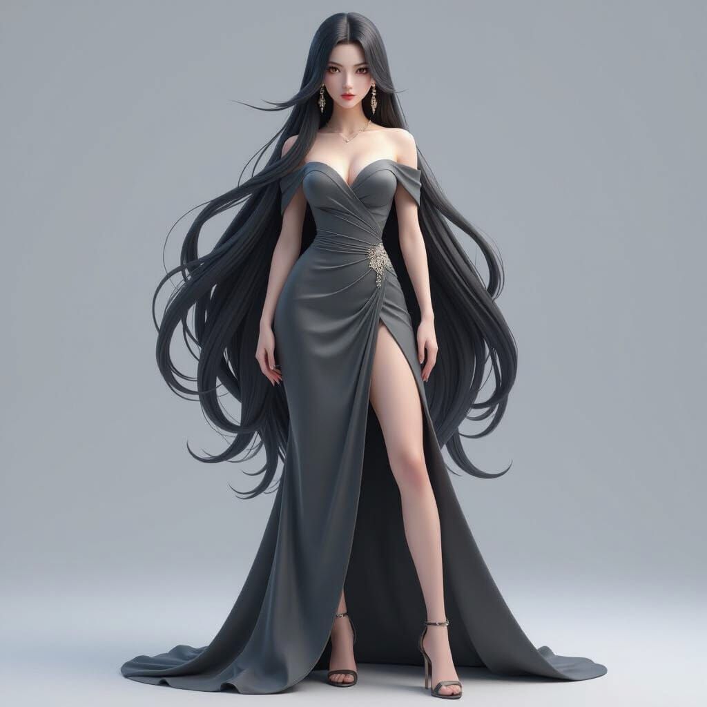 Elegant Goddess in Grayscale, 3D Anime Style