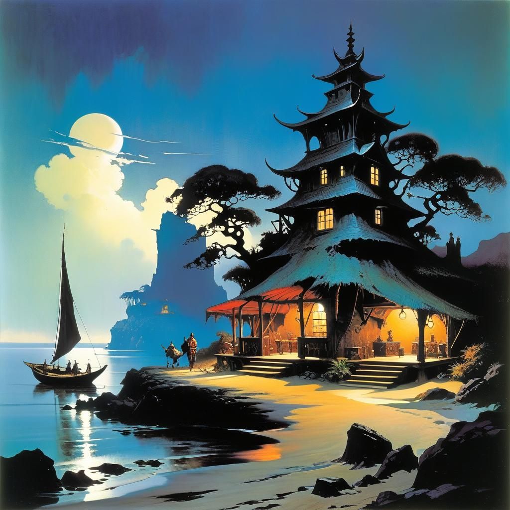 Bohemian Island Scene in Fantasy Illustration Style