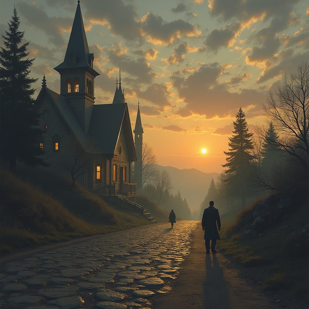 Cobblestone Road Through Rural Landscape