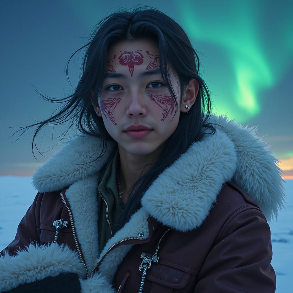 Fantasy Inuit Woman in Fur Coat Portrait with Tribal Face Ta...