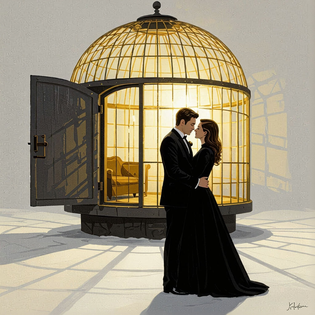 Monochrome Couple with Open Golden Cage