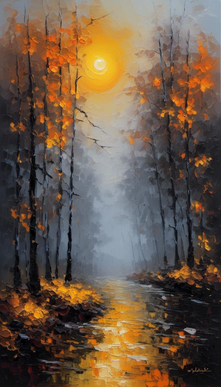 Sun Shines Through Dark Fog: Expressionist Oil Painting