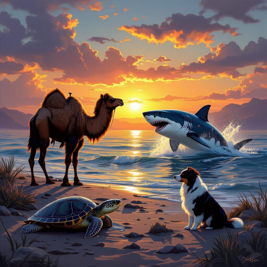 Desert Wildlife Encounter: Camel, Bear, Shark, and Dog