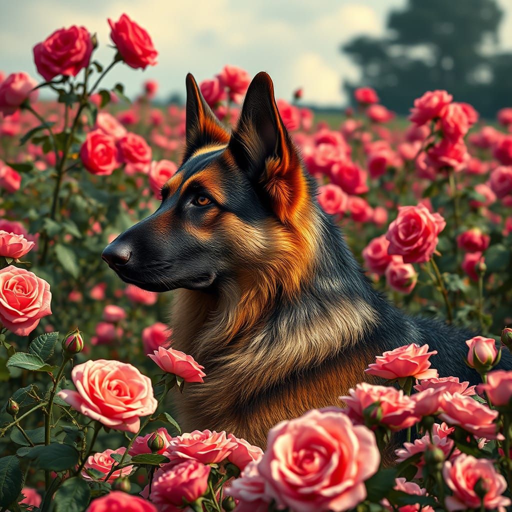 German Shepherd in Rose Field: Fantasycore Art