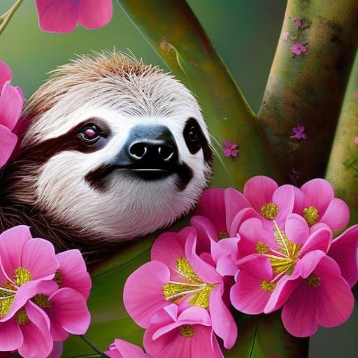 Sloth Baby Surrounded by Pink Flowers