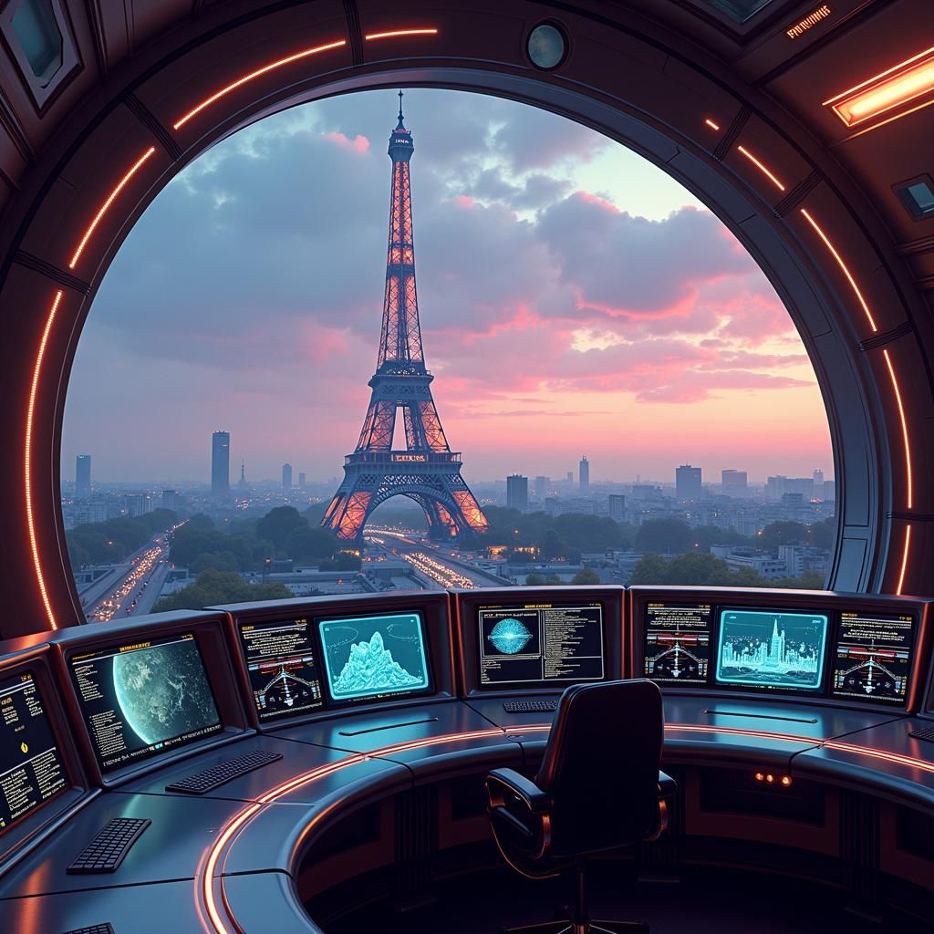 Futuristic LCARS Control Room with Eiffel Tower Backdrop