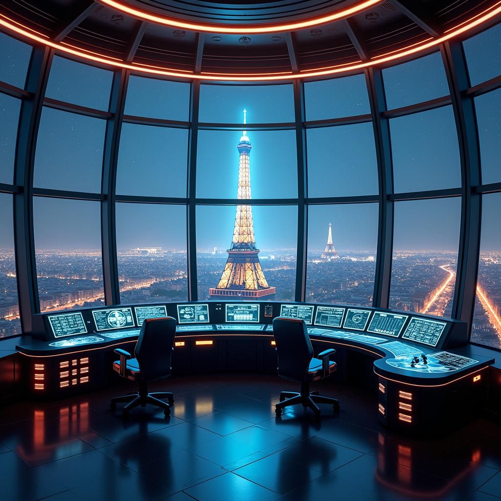 Futuristic Eiffel Tower Control Room in Sci-Fi Style