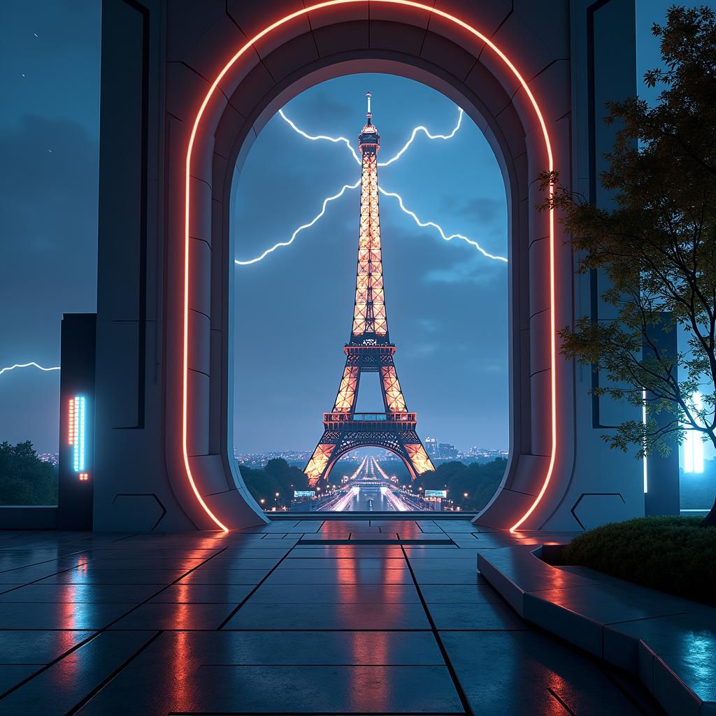 Futuristic LCARS Terminal with Eiffel Tower Backdrop