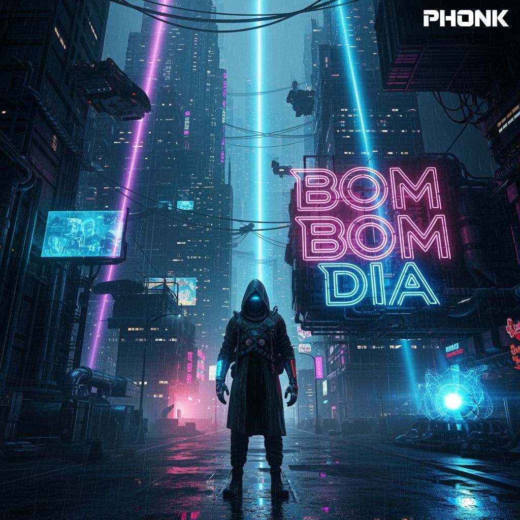 Dystopian Cyberpunk Album Cover with Neon Rays