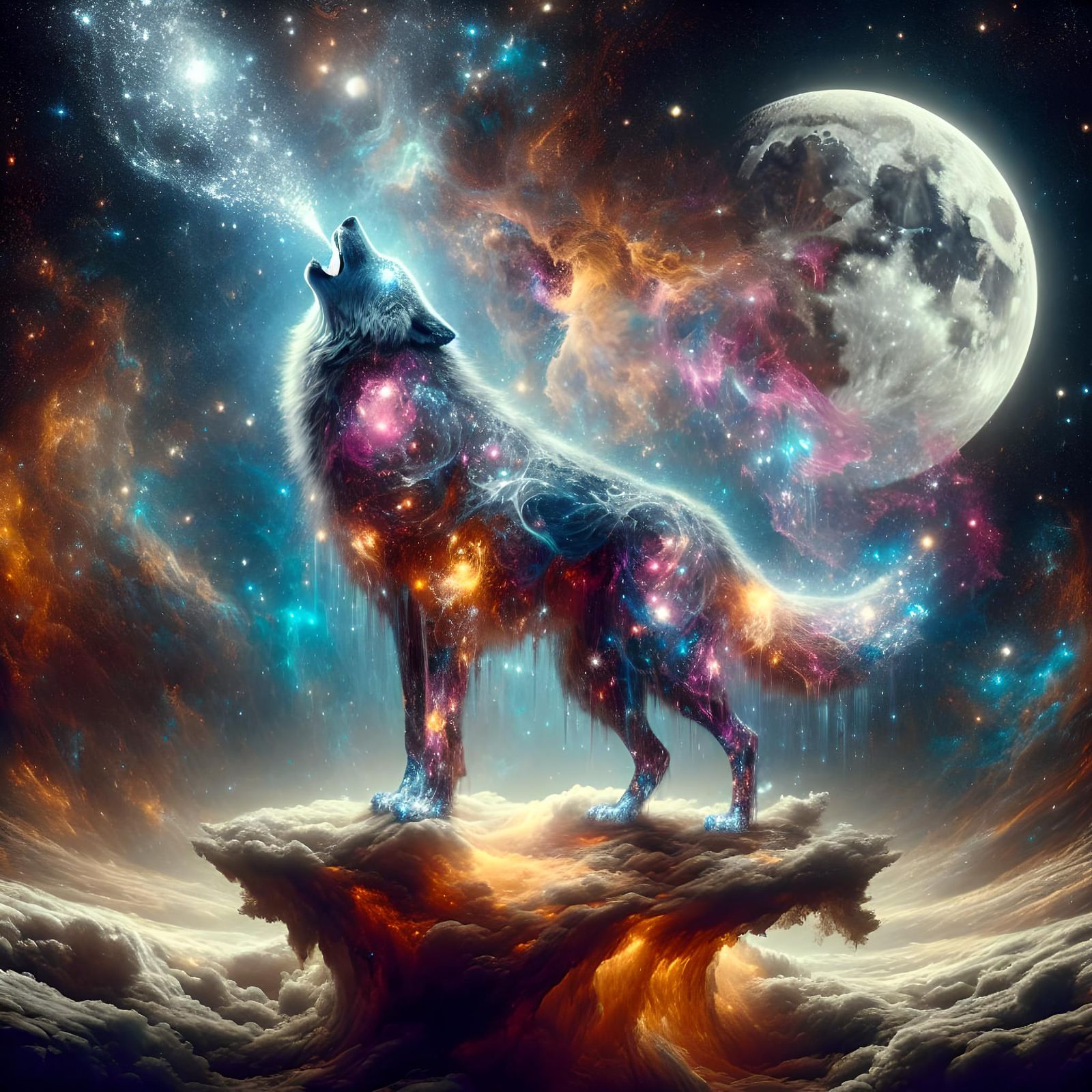 A massive, glowing wolf, formed from pure moonlight and star...