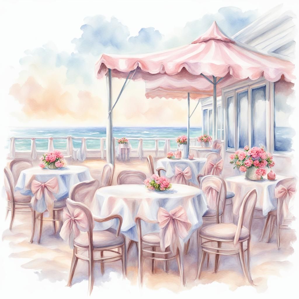Clean Oil Painted Airbrush illustration,
seaside café with ruffled
tablecloths and bow decorations on chairs,  
against ...