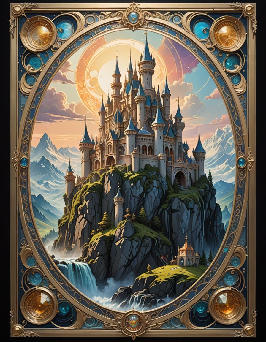 Ethereal Castle on a High Mountain in Vibrant Oil Painting S...