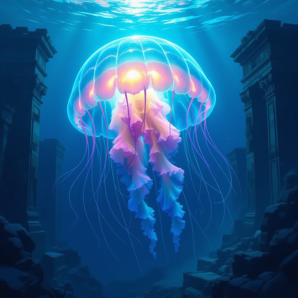 Giant Bioluminescent Jellyfish Illuminates Underwater Ruins