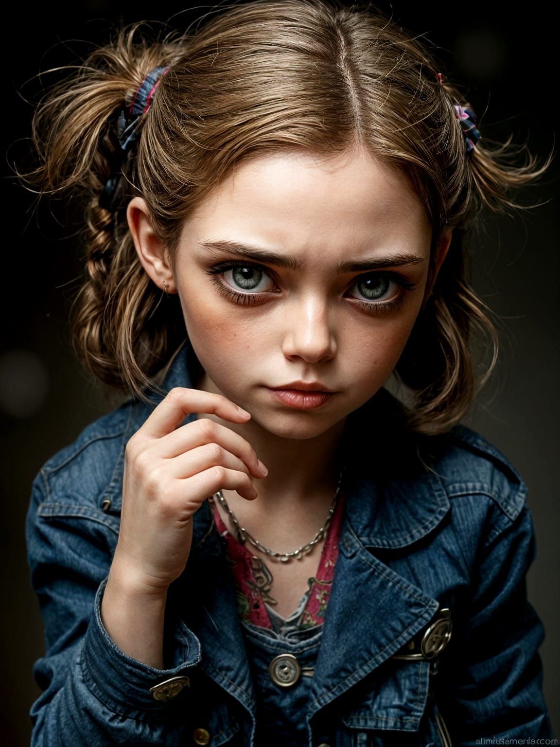 Whimsical Portrait of a Grumpy Girl with Pigtails