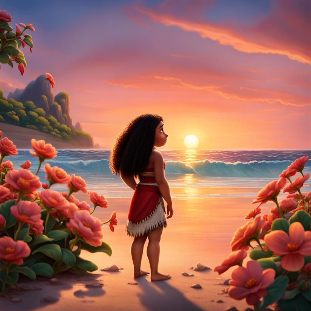 Moana at Sunset on a Flower-Strewn Beach