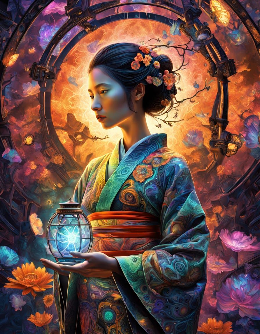 Woman in Yukata with Firefly Cage, Skeleton Shadow, Twilight