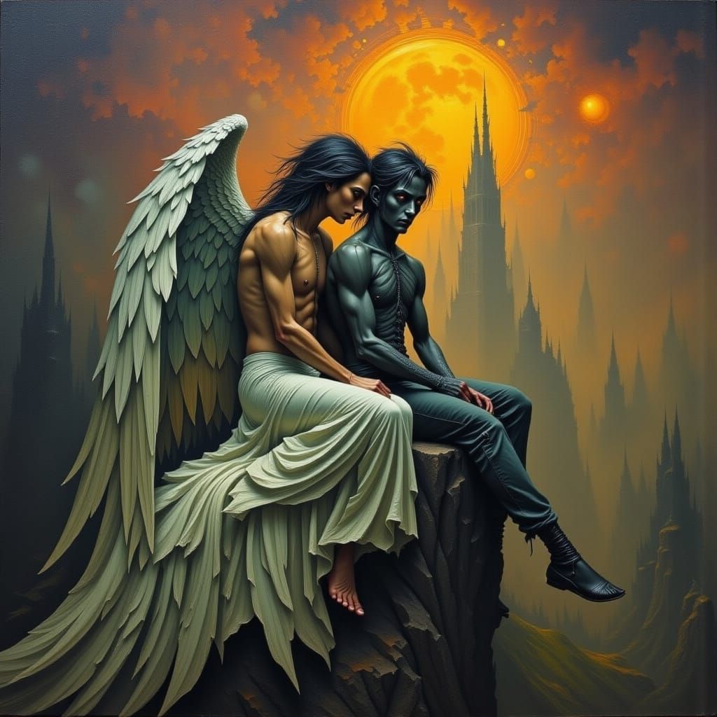 Angel and Demon in Love on a Cliff