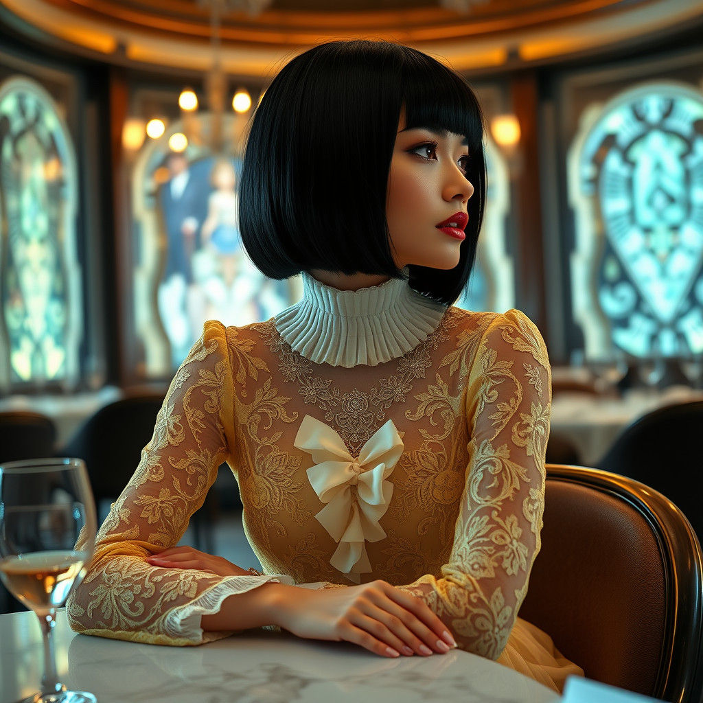 Elegant Woman in Yellow Lace Dress: Digital Portrait